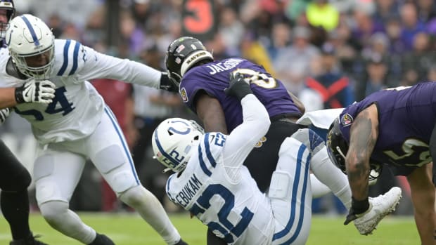 Sep 24, 2023; Baltimore, Maryland, USA; Indianapolis Colts defensive end Samson Ebukam (52) sacks Baltimore Ravens quarterback Lamar Jackson (8) during the first half at M&T Bank Stadium. Mandatory Credit: Tommy Gilligan-USA TODAY Sports